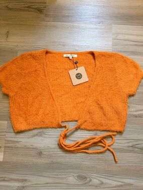 Etcetera Orange Tie-Front Cropped Fuzzy Knit Cardigan